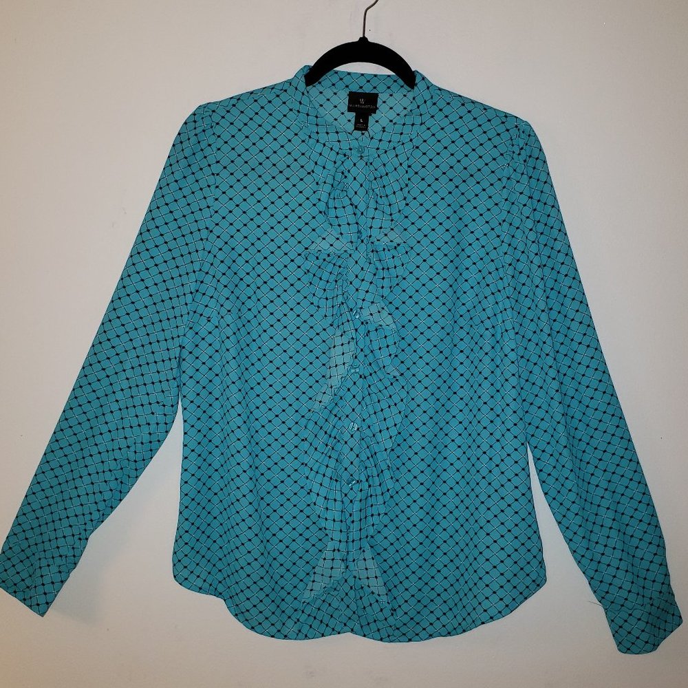 (NWT) Liz Claiborne Turquoise Mini Grid Blouse.  Size L.